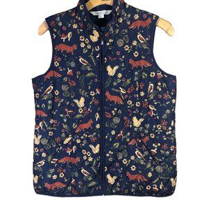 Coldwater Creek Quilted Vest Womens PL Woodlands Blue Fox Squirrels Mushrooms Fl